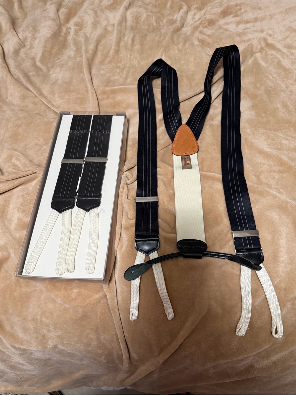 NWT Trafalger Lot of 2 Striped Black & Cream Suspenders
